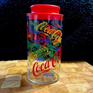 COCA-COLA GLASS CANISTER WITH RED LID CLASSIC MULTI COLOR COCA-COLA LOGO